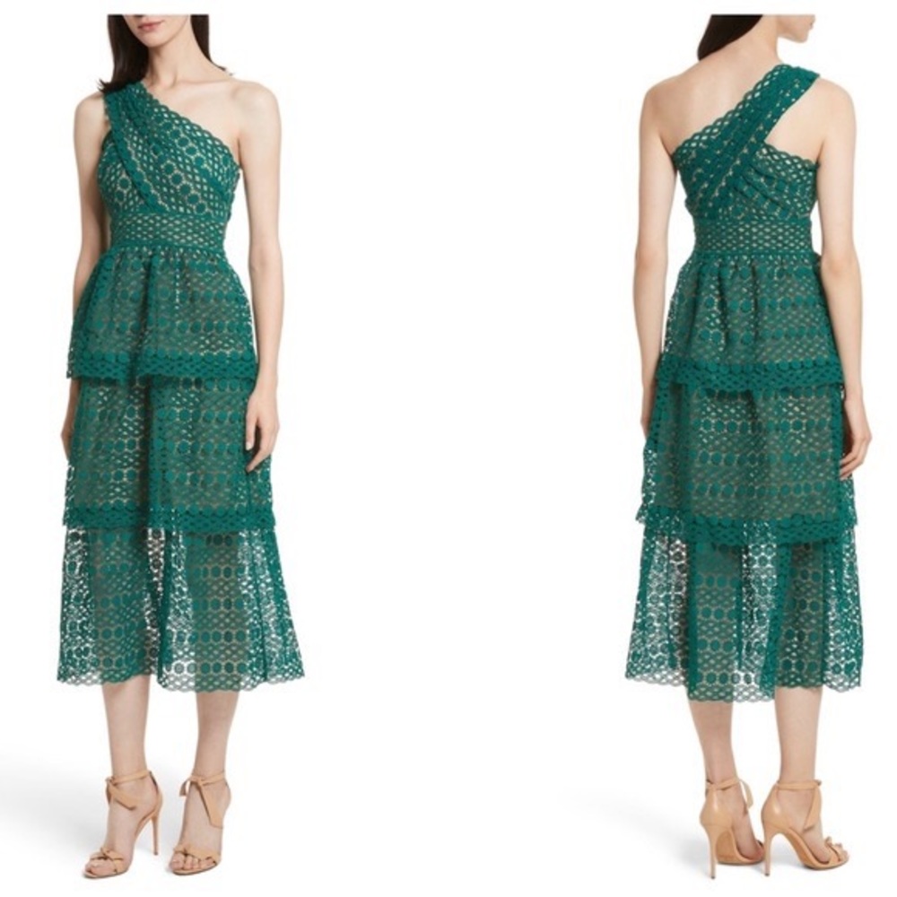 Self-Portrait One Shoulder Floral Chain Lace Guipure - Green Midi